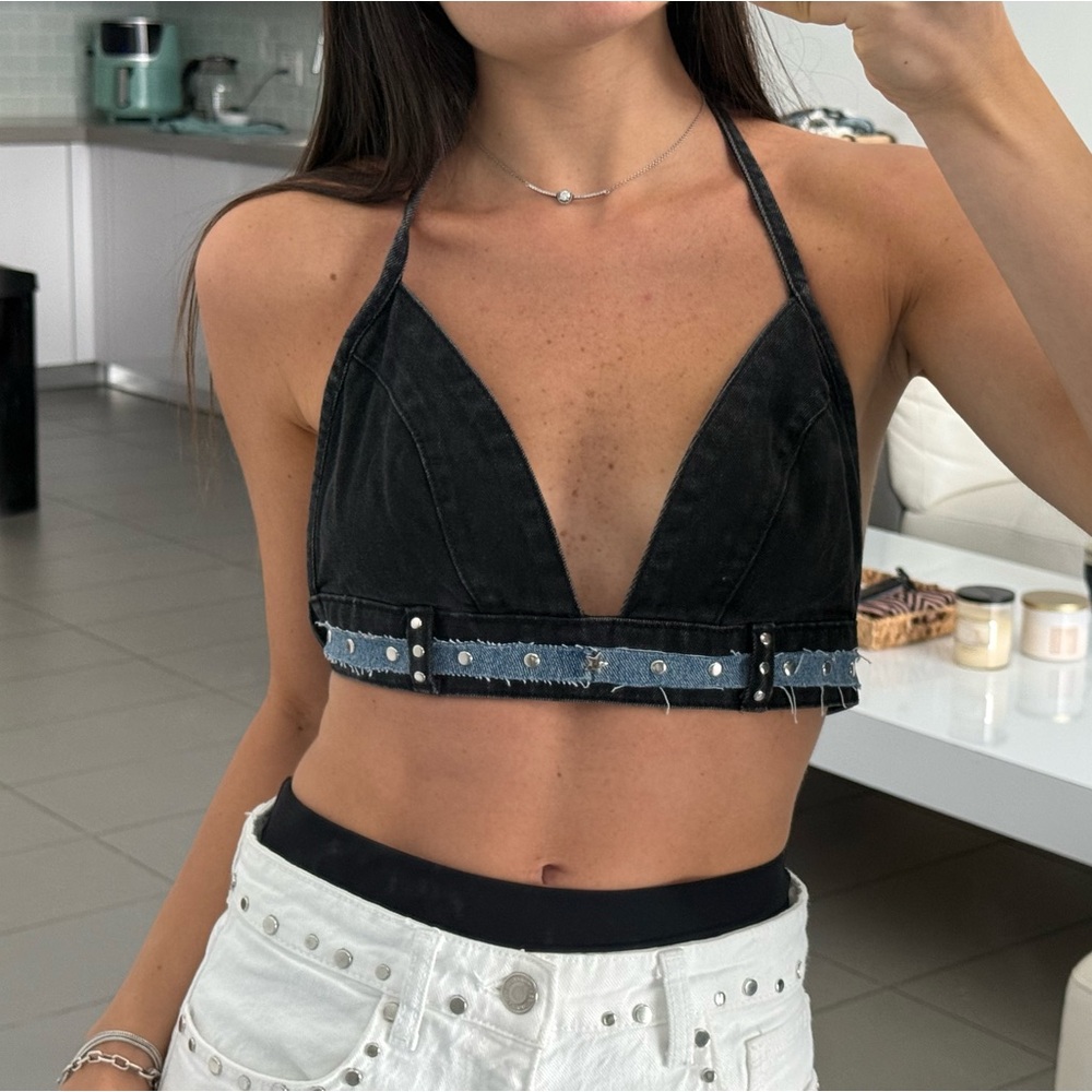 Denim Jean mini black top handmade handcrafted with silver studs